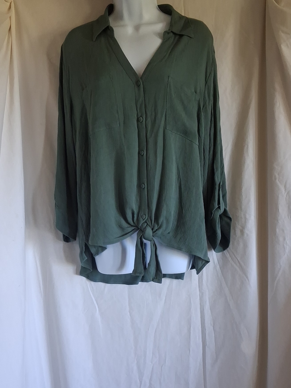Relaxed Tie-Front Button-Down Shirt in Olive